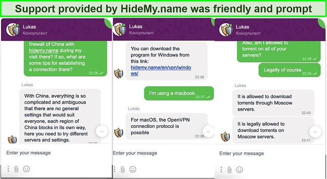 Screenshot of my live chat conversation with HideMyname support representative