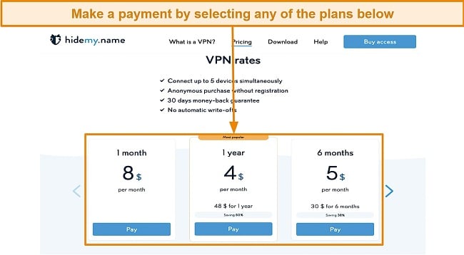 Screenshot of HideMynames website showing subscription plans