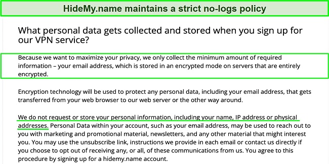Screenshot of the excerpt of HideMyname privacy policy