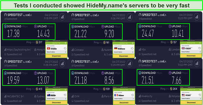 Screenshot of speed test results while connected to HideMyname