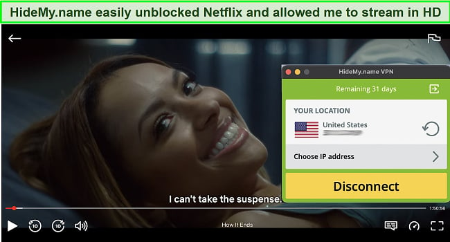 Screenshot of HideMyname unblocking Netflix