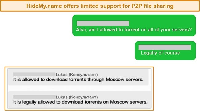 Screenshot of my interaction with HideMynames support about torrenting