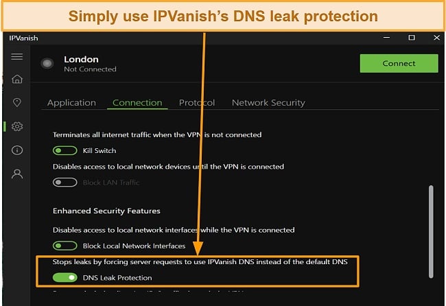 Screenshot of an automatic kill switch and DNS leak protection using IPVanish