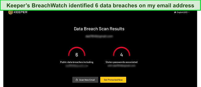 Screenshot of Keeper dark web monitoring tool's data breach results