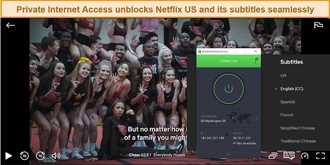 Screenshot of Cheer Season 2 with 5 different subtitles using Private Internet Access