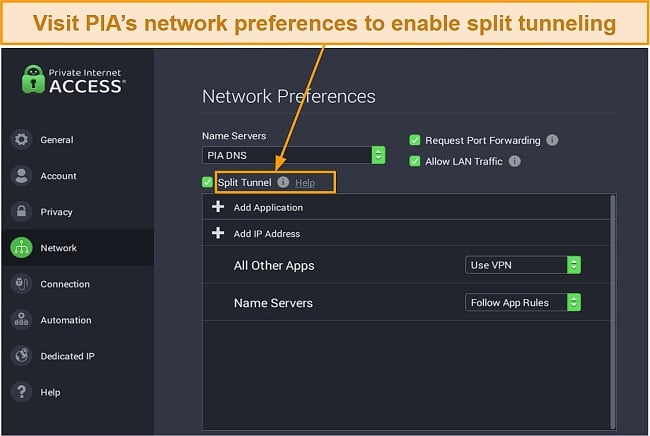 Screenshot of network preferences and split tunnel feature on Private Internet Access