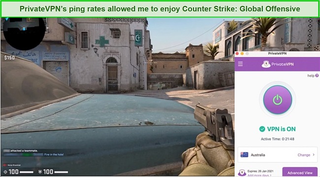 Screenshot of a Counter Strike: Global Offensive with PrivateVPN connected