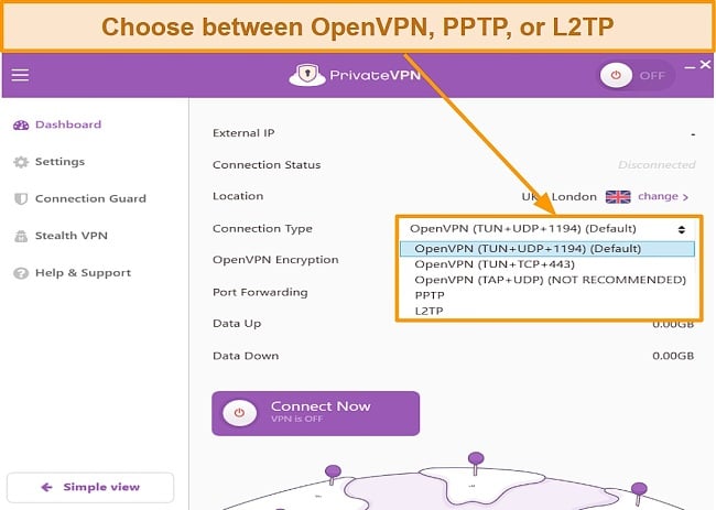 Screenshot of 3 popular VPN protocols using PrivateVPN