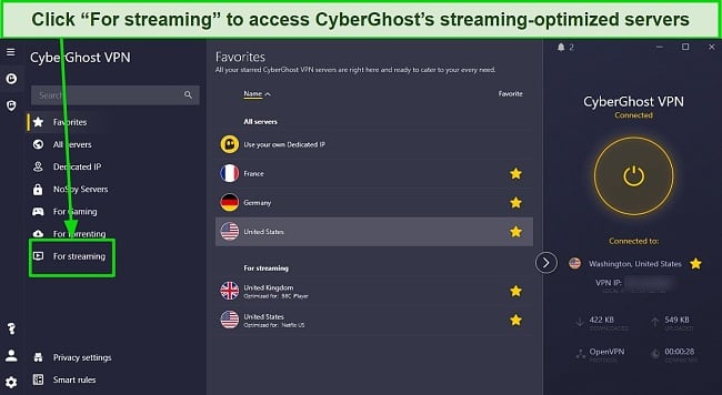 Screenshot of CyberGhost user interface showing location of optimized streaming servers
