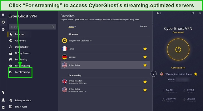 Screenshot of CyberGhost user interface showing location of optimized streaming servers