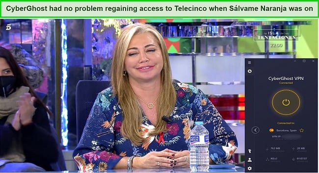 Image of Telecinco direct playing with CyberGhost in the foreground connected to a Spanish server