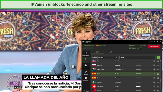 Screenshot showing Telecinco's live stream with IPVanish connected in the foreground