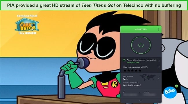 Screenshot of Teen Titans Go! playing on Telecinco's Boing channel with PIA connected to a server in Spai