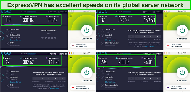 Zrzut ekranu testów prędkości ExpressVPN pokazujący serwery w USA, Wielkiej Brytanii, Australii i Niemczech