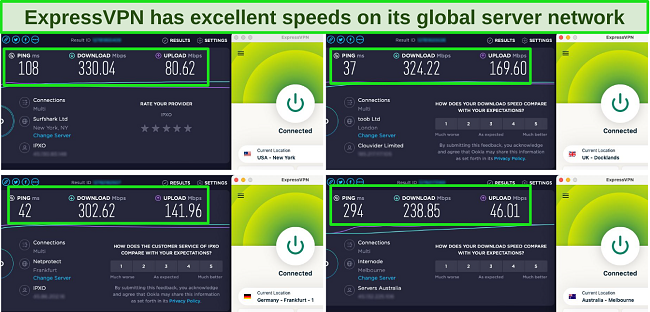 Screenshot of ExpressVPN's speed tests on its UK, US, Australia, and Germany servers