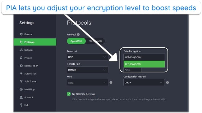 Screenshot of PIA's customizable encryption levels on its Windows interface