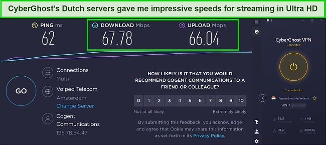 Screenshot of speed test results while CyberGhost is connected to a server in Amsterdam, Netherlands