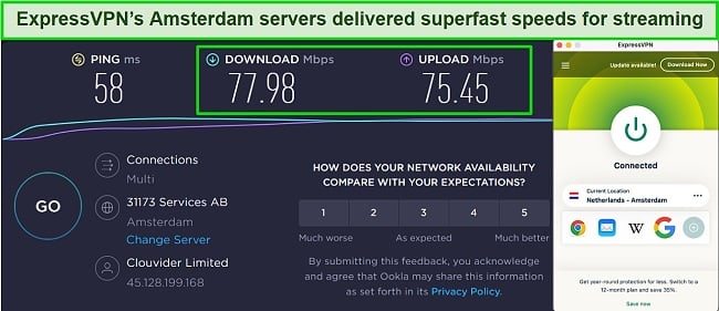 Screenshot of speed test results while ExpressVPN is connected to a server in Amsterdam, Netherlands