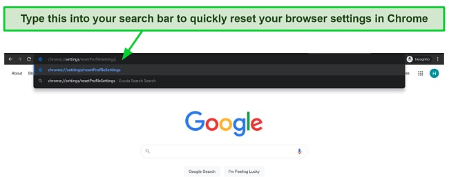 Screenshot of Google Chrome web browser with a url shortcut to quickly reset your browser settings in Chrome.