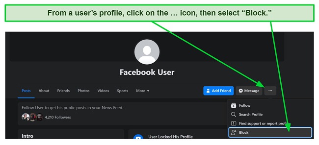Screenshot showing how to block users on Facebook directly from their profile by going to the ... icon, then selecting "Block."