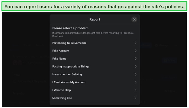 Screenshot of the report a user options on Facebook.