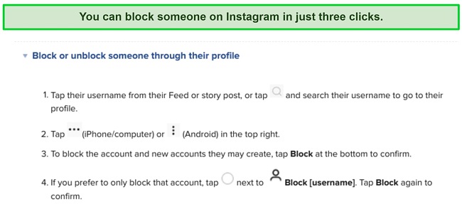 Screenshot of instructions on how to block someone on Instagram through their profile.