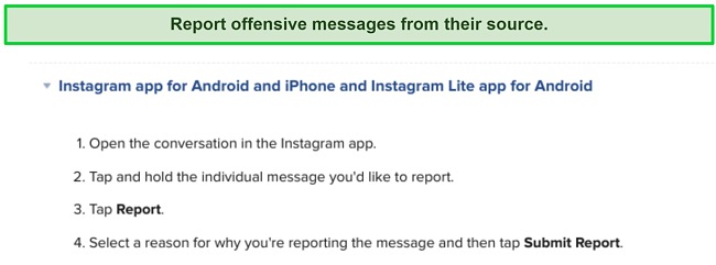 creenshot of simple instructions detailing how to report messages on Instagram.