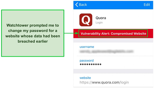 Screenshot of 1Password's Watchtower detecting a compromised website