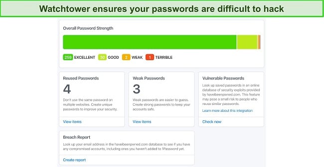 Screenshot of 1Password's Watchtower detecting vulnerable passwords