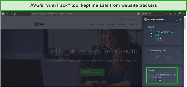 Screenshot of AVG's AntiTrack feature detecting website trackers