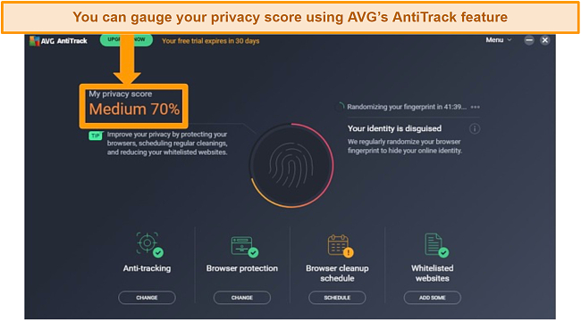 Screenshot of AVG's AntiTrack privacy score