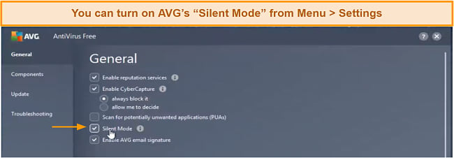 Screenshot of AVG's Silent Mode check-box in Settings dashboard