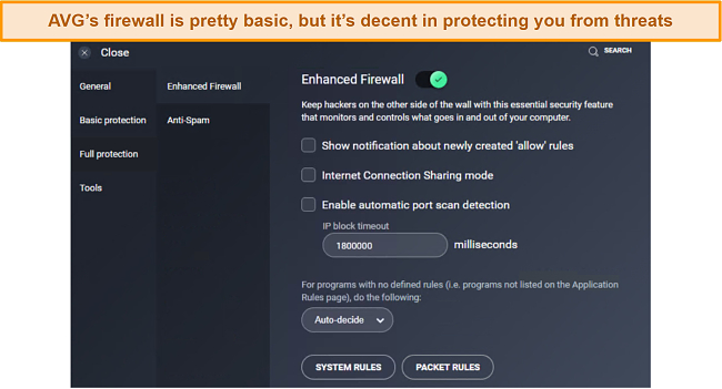Screenshot of AVG firewall's dashboard