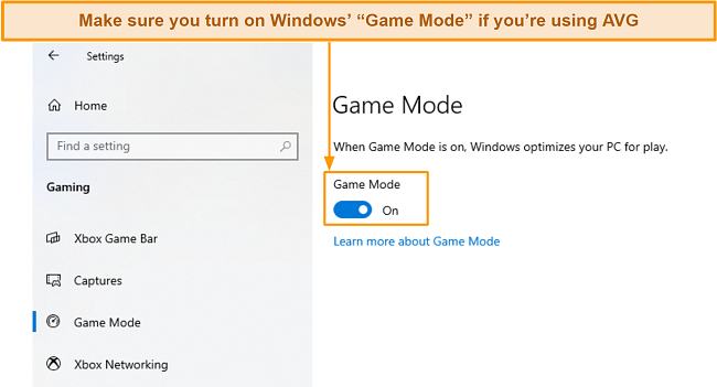 Screenshot of Windows "Game Mode" feature