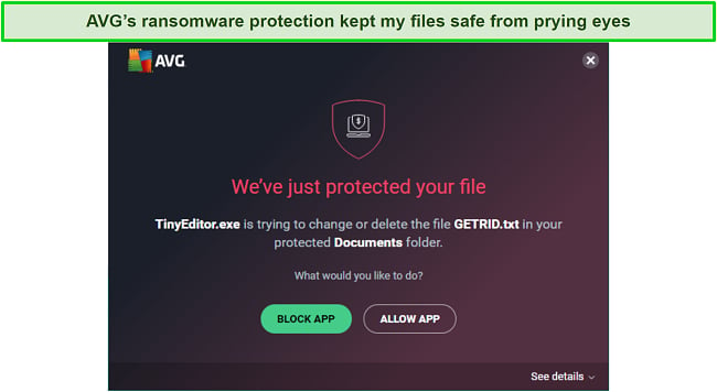Screenshot of AVG's ransomware protection tool detecting ransomware in real time