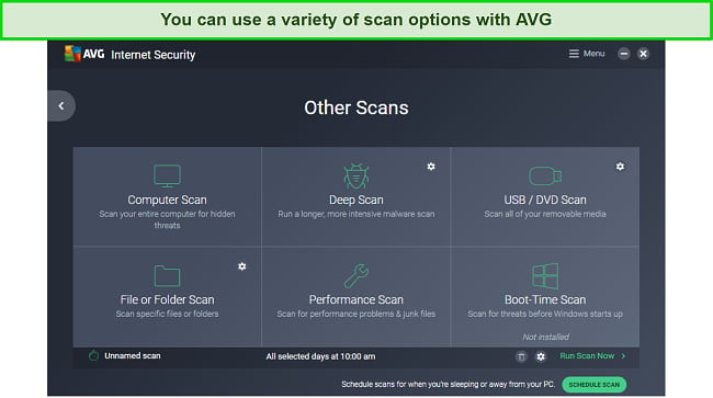 Screenshot of AVG dashboard showing scan types