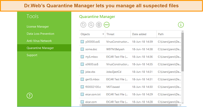 Screenshot of Dr.Web's Quarantine Manager window