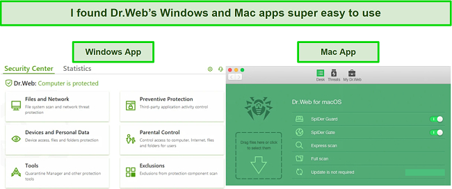 Screenshot of Dr.Web's Windows and Mac app dashboards
