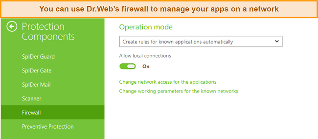 Screenshot of Dr.Web's firewall settings dashboard