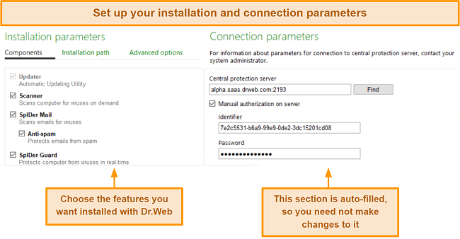 Screenshot of Dr.Web's installation and connection parameters
