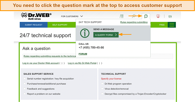 Screenshot of Dr.Web's customer support options hidden on the website