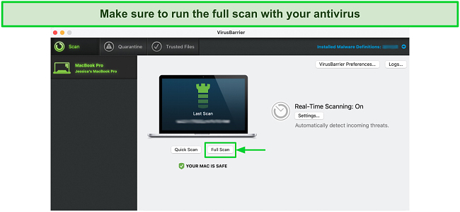 Screenshot of Intego's dashboard with virus scanning options