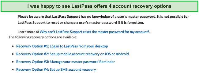 Screenshot of LastPass's account recovery options