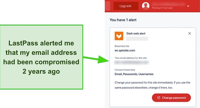 Screenshot of LastPass's dark web monitoring feature