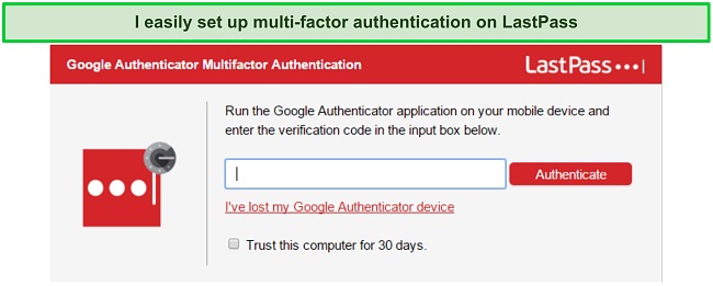 Screenshot of adding 2FA with Google Authenticator on LastPass