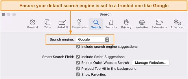Screenshot of Mac Safari's default search engine setting