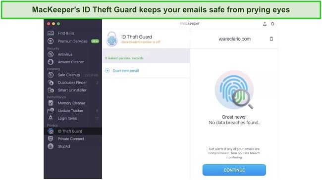 Screenshot of MacKeeper's ID Theft Guard data monitoring tool dashboard