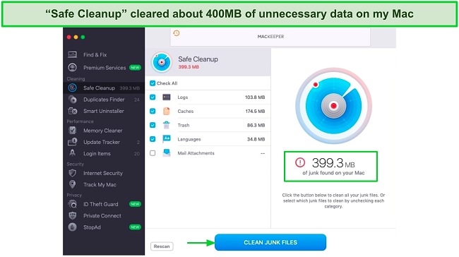Screenshot of MacKeeper's Safe Cleanup dashboard