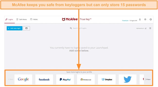 Screenshot of McAfee's True Key password manager dashboard