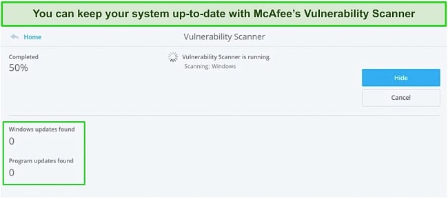 Screenshot of McAfee's Vulnerability Scanner looking for updates